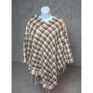 Plaid Poncho Shawl With Fringe Hem For Women  Beige & Brown Houndstooth Pattern